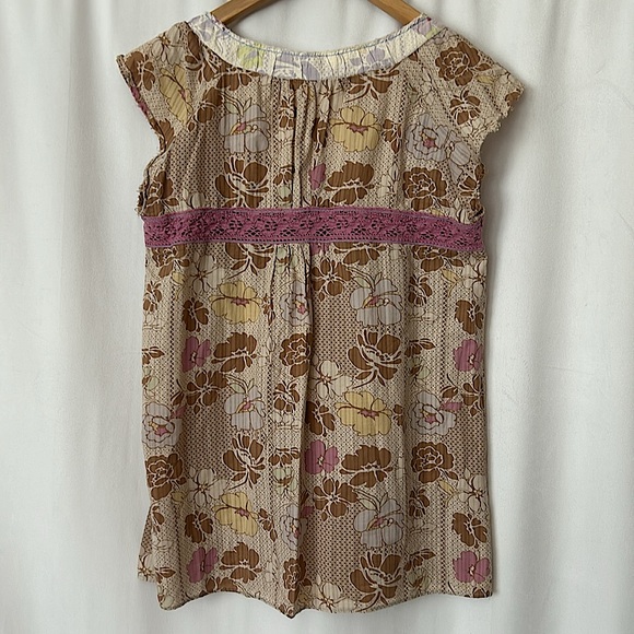 Lux Cute Boho Brown/Purple Floral Lace Cap Sleeve Shirt Top **Size L** 🌸🌸 - Picture 2 of 6